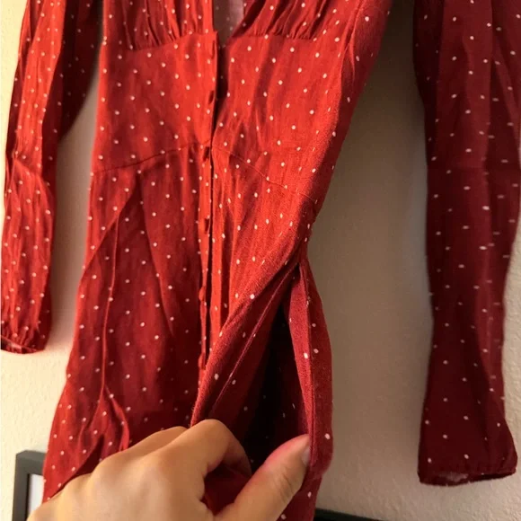 Reformation Rust Red Polka Dot Deep V Long-Sleeve Dress - Picture 7 of 8